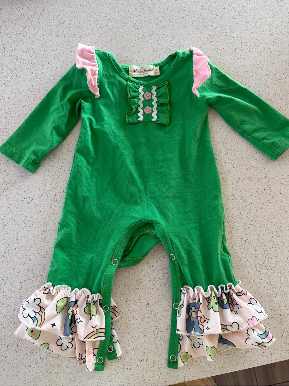 Green Baby One-Piece Bodysuit with Pink Ruffle Accents